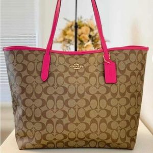 Coach Signature Tote with Bold Pink Trim